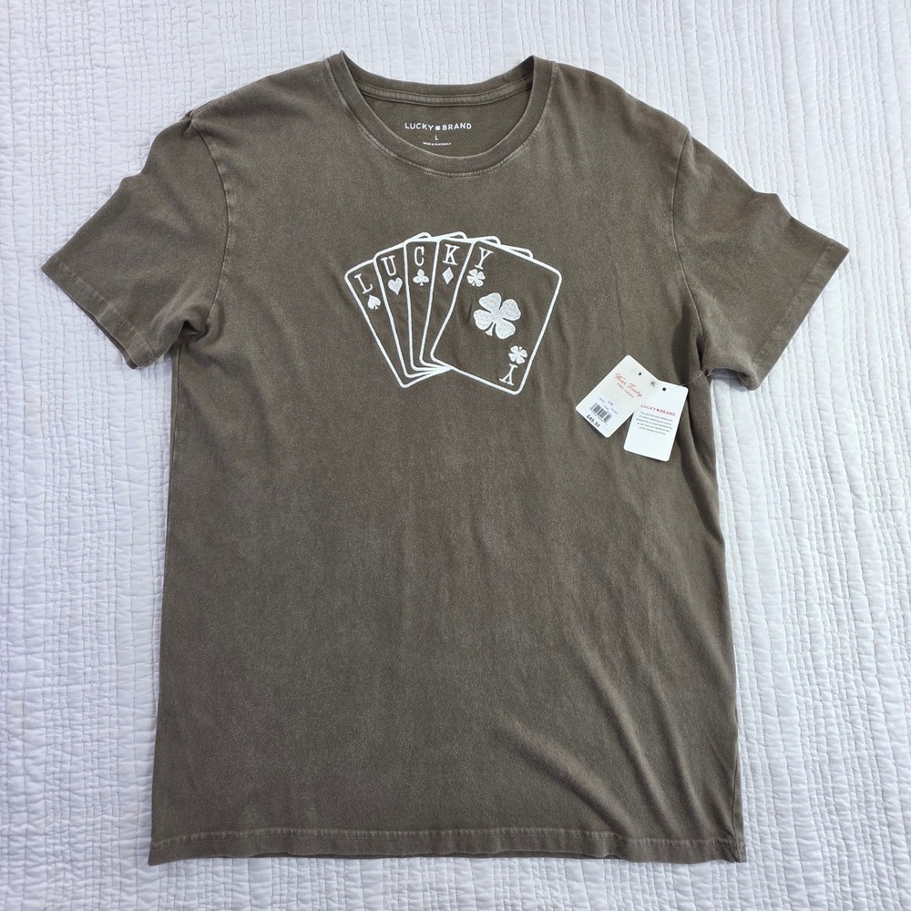 Lucky Brand Mens Teak Brown Playing Card Graphic T-Shirt NWT Size Large 3TK/001